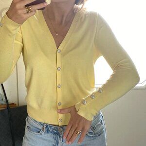 Zara Soft Knit Jewel Button Down V Neck Cardigan Pastel Yellow Size Small